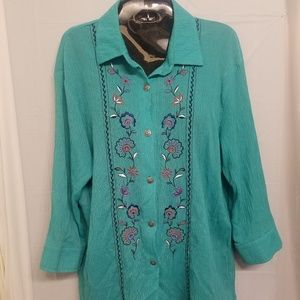 Teddi Turquoise Flower print LS Blouse Sz Large